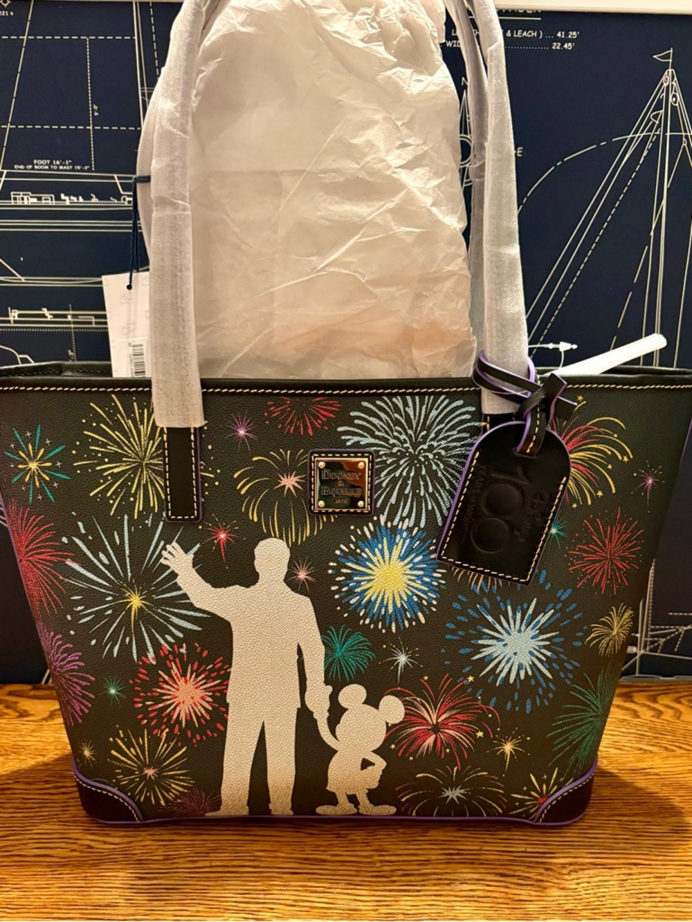 Dooney & Bourke Black Tote with Multicolor Fireworks and White Silhouette